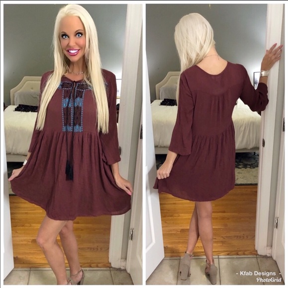 ❤️LAST! Boho Wine Embroidery Detail Tunic Dress! - Picture 2 of 4